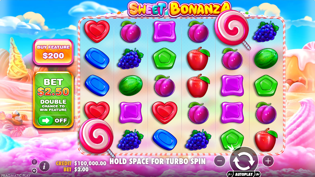 Sweet Bonanza 6×5 game grid showing all fruit and candy symbols